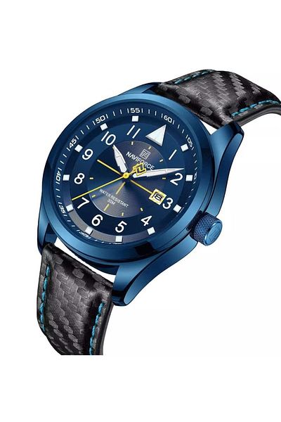 Naviforce Men's Blue Dial Quartz Analog Watch with Black Leather Strap and Date Display Water Resistant 30M