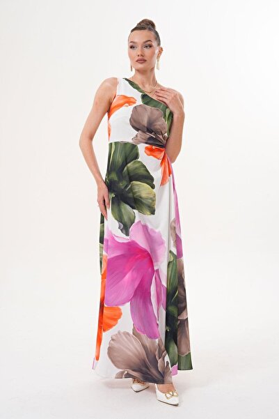 Flame İstanbul Butik Rochie lungă albă cu un singur umăr, cu model, cu detaliu pentru fereastra laterală MCK5956-1