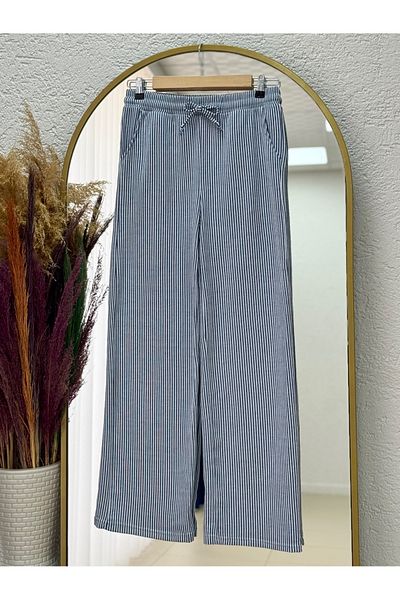 MİHRA STORE Mirenya Striped Wide Leg Trousers-Ci5228 Navy Blue