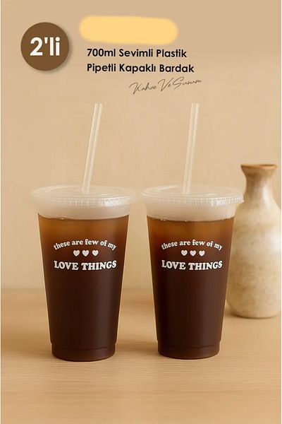 AYGÖREN HOME 2 Pack 700ml Cute Plastic Cup with Straw Lid Bpa Free Cold Drink Cup for Coffee Presentation