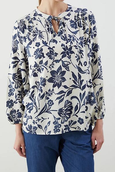 Kübra Tekstil Women's Floral Print Lace-Up Collar Long Sleeve Stylish and Comfortable Blouse