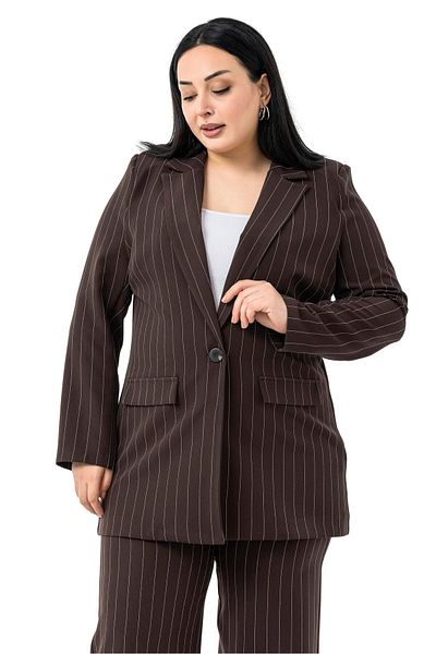 DISENTIS MODEST Plus Size Striped Brown Jacket Pants Double Suit