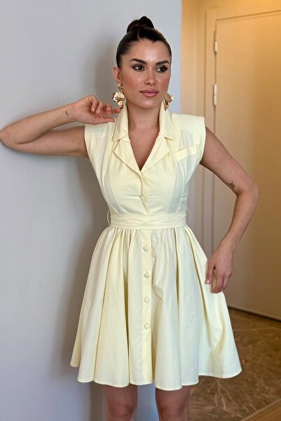 ROUPAS Sarı Düğmeli Bel Detaylı Mini Elbise
