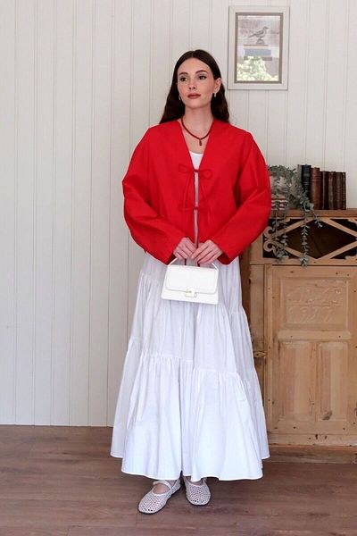 Ceylan Otantik Red 2 Bow Jacket & White Cross Fold Skirt Set