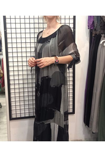 Butik Şans Brush Patterned Italian Dress with Tie Sleeve Detail