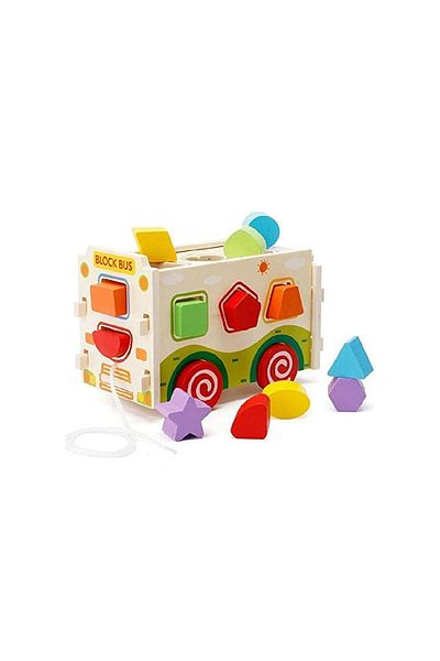 rexa Wooden Shape Sorter Bus Toy – 13 Geometric Blocks with Pull String for Kids' Early Learning