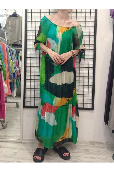 Butik Şans Brush Patterned Italian Dress with Tie Sleeve Detail