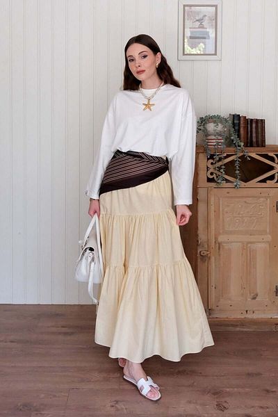 Ceylan Otantik Ecru Body & Butter Yellow Cross Fold Skirt Suit