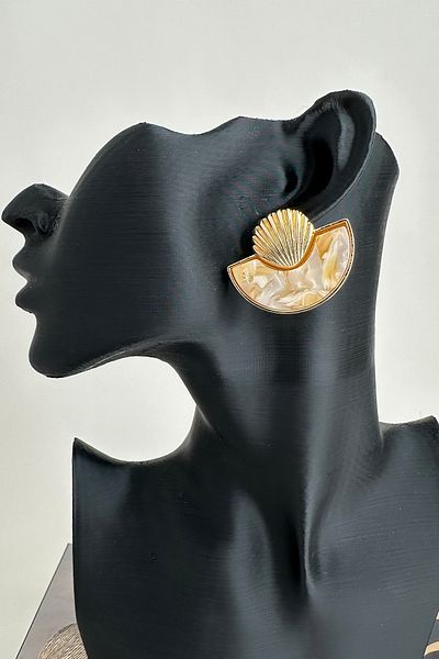 Modex Metal Seashell Detail Pearlescent Half Moon Earrings (2cm)