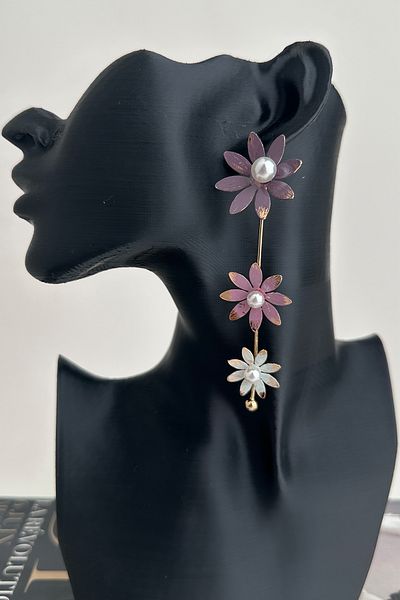 Modex Metal Colored Pearl Detail Wind Flower Dangle Earrings(9cm)