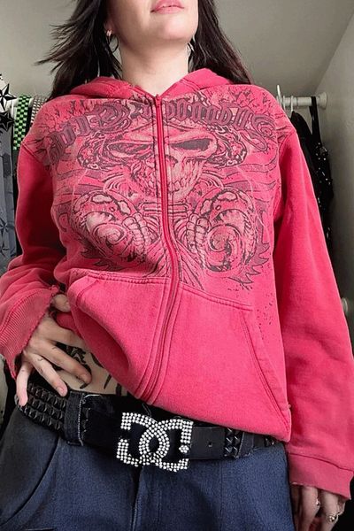 Karakedi Red Skull Horn Cyber Grunge Hooded Unisex Cardigan