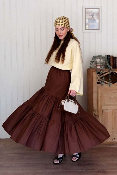 Ceylan Otantik Butter Yellow Body & Bitter Coffee Cross Fold Skirt Suit
