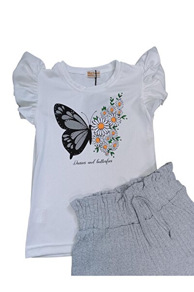 Kamex Butterfly Printed Ribbed Shorts Girl's Suit