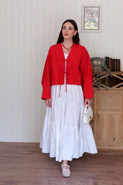 Ceylan Otantik Red 2 Bow Jacket & White Cross Fold Skirt Set
