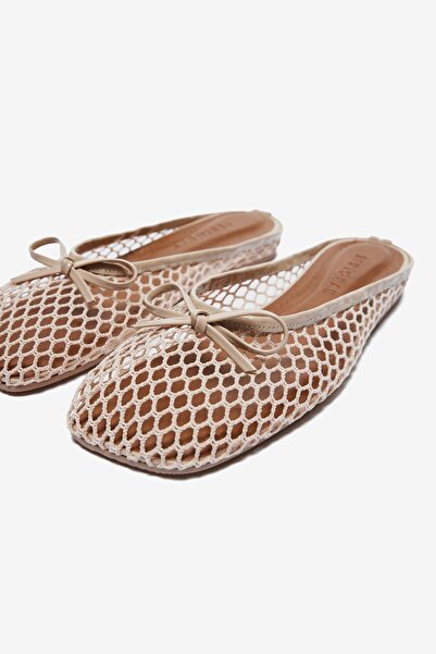 Seniorah Beige Bow Detailed Mesh Women's Slippers