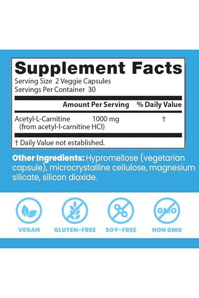 Doctor's Best Acetyl L-Carnitine, 1000 Mg 60 Veggie Caps, Help Boost Energy Production