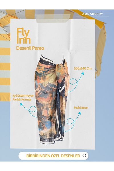AQUABERRY Fly-Inn Beach Patterned Pareo - Non-Show Shiny Fabric -100X140 cm