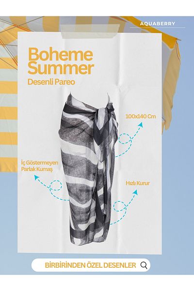 AQUABERRY Boheme Patterned Pareo - Shiny Fabric That Does Not Show Inside - 100X140 cm