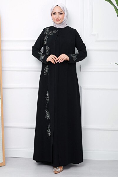 SENSTIL Yaprak Taşlı Büyük Beden Anne Elbisesi Siyah SS2350