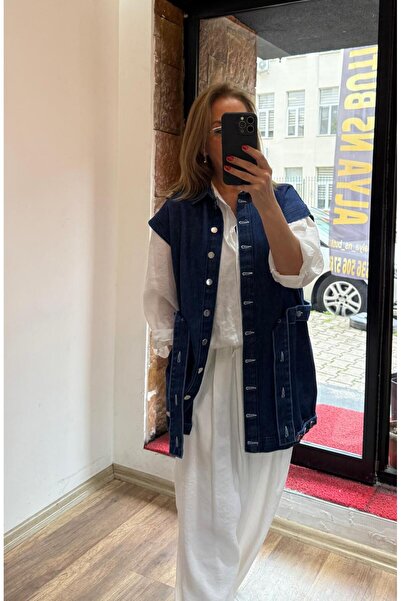 Uzun Düğmeli Kuşaklı Jean Yelek
