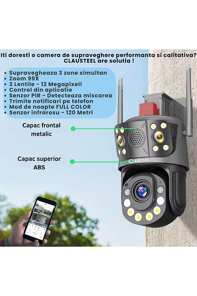 CLAUSTEEL Cameră de supraveghere profesională WiFi 3 în 1, triplă, cu zoom 99x, 12 MP, 6K, vizualizare 1 km