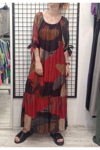 Butik Şans Brush Patterned Italian Dress with Tie Sleeve Detail