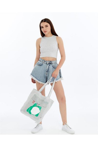S-Ponder Frog Printed 100% Cotton Snap Closure Tote Bag Cloth Shoulder Bag