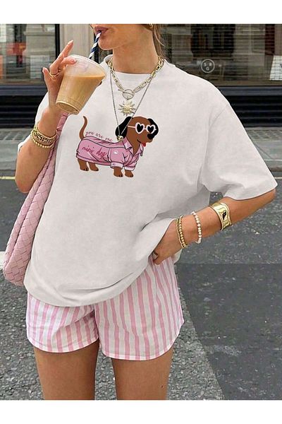 VOICTEC Women's Oversize Dog Printed Crew Neck T-Shirt