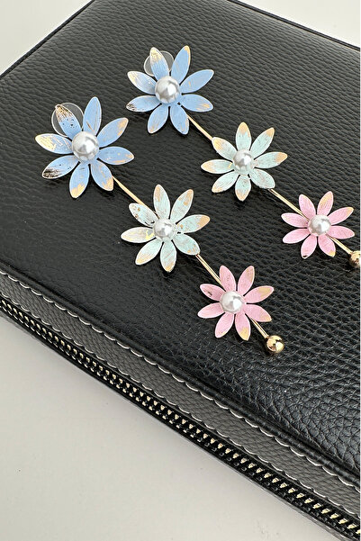 Modex Metal Colored Pearl Detail Wind Flower Dangle Earrings(9cm)