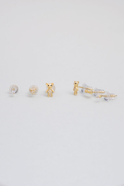 So CHIC... Sevimli Ayıcık 18 Ayar Sarı Altın Kaplama Gümüş Çoklu Küpe