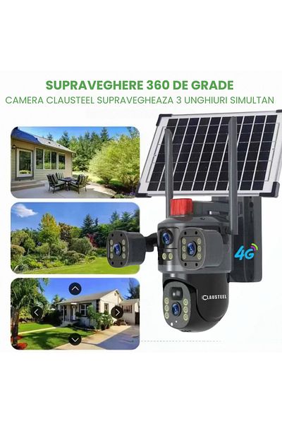 CLAUSTEEL Cameră de supraveghere 2 în 1 cu panou solar, vedere triplă, conexiune SIM 4G, 6MP, 10.800 Mah