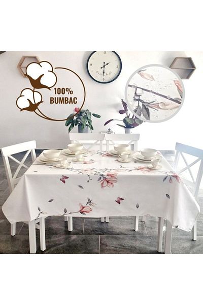 Pucioasa Teflon-coated cotton tablecloth, round, diameter 180cm, Pink flowers and butterflies