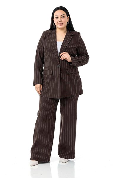 DISENTIS MODEST Plus Size Striped Brown Jacket Pants Double Suit