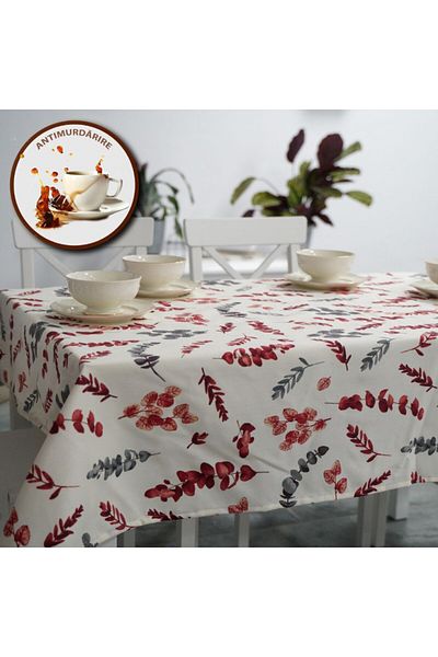 Pucioasa Teflon-coated cotton tablecloth, 140x180cm, red and gray leaves