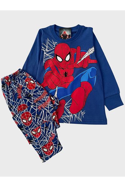 Pajama Shop Boys' 100% Cotton Blue Spider Pattern Long Sleeve Winter Pajamas Set