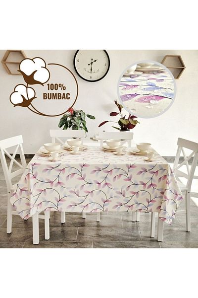 Pucioasa Teflon-coated cotton tablecloth, 160x220cm, Pink-lilac leaves