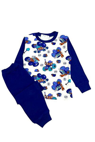 Pajama Shop Boys' 100% Cotton Navy Blue Color Tractors Patterned Long Sleeve Winter Pajama Set