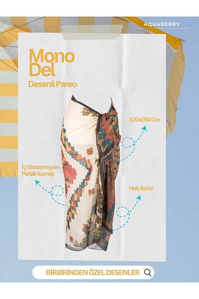 AQUABERRY Mono Del Patterned Pareo - Shiny Fabric That Does Not Show Inside - 100X140 cm