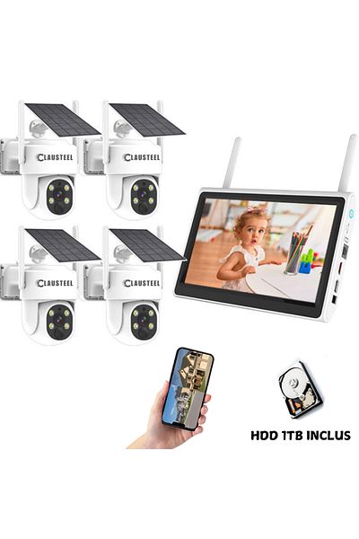 CLAUSTEEL Complete kit with 4 CLAUSTEEL DQ02 surveillance cameras with solar panel, WIFI,9000mAh, NVR 10inch