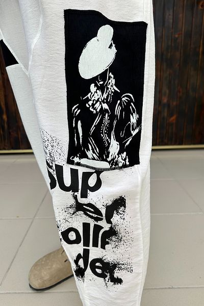 GÖKSEL Cat Linen Written Pants Large Size
