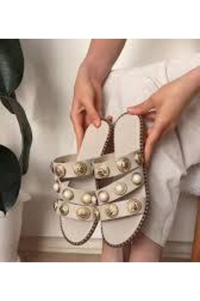 KİNDEP Kindep Park Fashion Pearl Button Detailed Daily Women's Slippers Beige