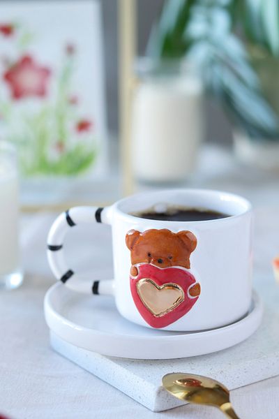 ada mia seramik 24K Gold Decorated Ceramic Mug with Handmade Teddy Bear Figure 170ml