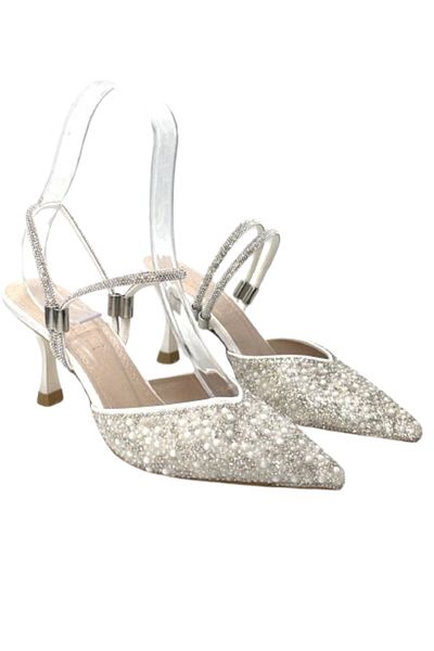 KİNDEP Kindep Stone Detailed Closed Toe Women's Evening Dress Shoes White