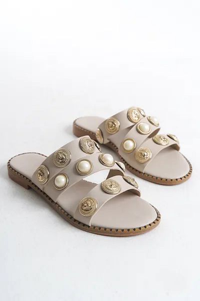 KİNDEP Kindep Park Fashion Pearl Button Detailed Daily Women's Slippers Beige