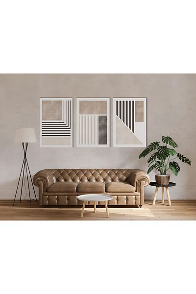 ZERF لوحة حائط بتصميم هندسي اسكندنافي بسيط باللونين البيج والبني من ، مقاس 60x40 سم، من 3 قطع