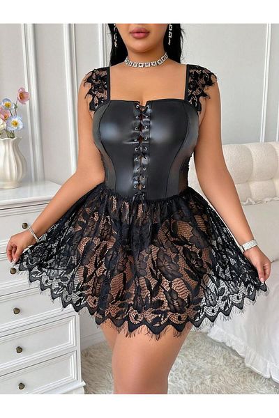 my cherie Lace Leather Mini Eyelet Lacing Detailed Large Size Nightgown String Suit