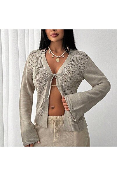 ATE ÖZGÜNEŞ TRİKO TEKSTİL FEMEI, CARDIGAN TRICOTAT CU tricotaj cu aspect dant...