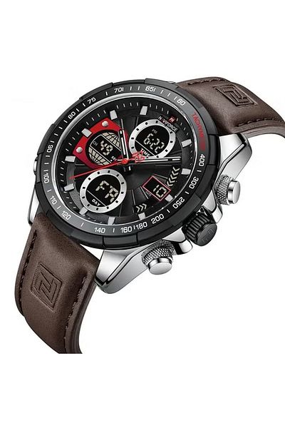 Naviforce Stylish Mens Dual Time Quartz Watch with Black Dial Dark Brown Leather Strap Analog Digital Display
