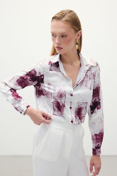 Sateen Cămașă Clasică cu Motiv - Roșu Claret