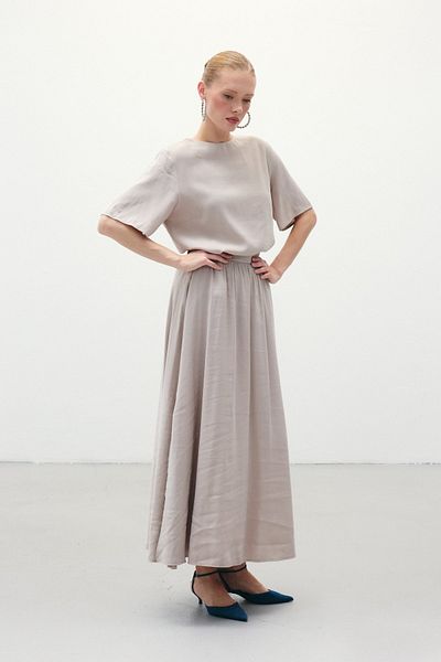 Sateen Slit Long Skirt - Stone
